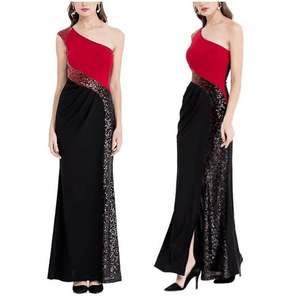 One Shoulder Formal Column Sequin Long Evening Gown Maxi Dress SIZE L NWT - Picture 1 of 16
